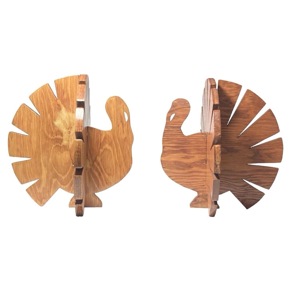 1970s Pair of Oak Wooden Collapsing Turkey Centerpiece Decor 8”